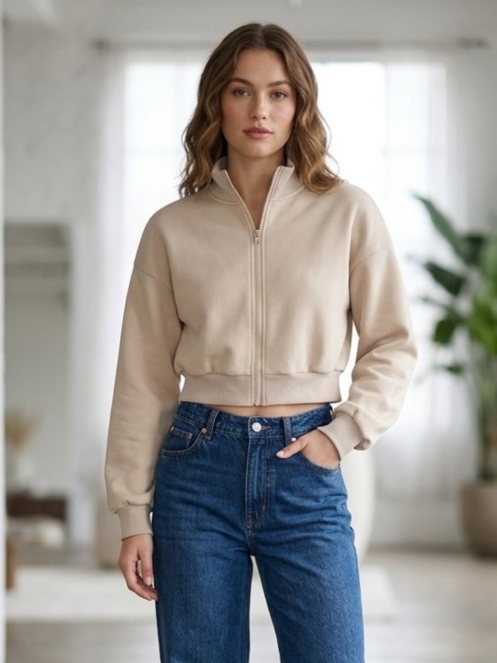 CIDER Cropped Full-Zip Sweatshirt-Style Jacket